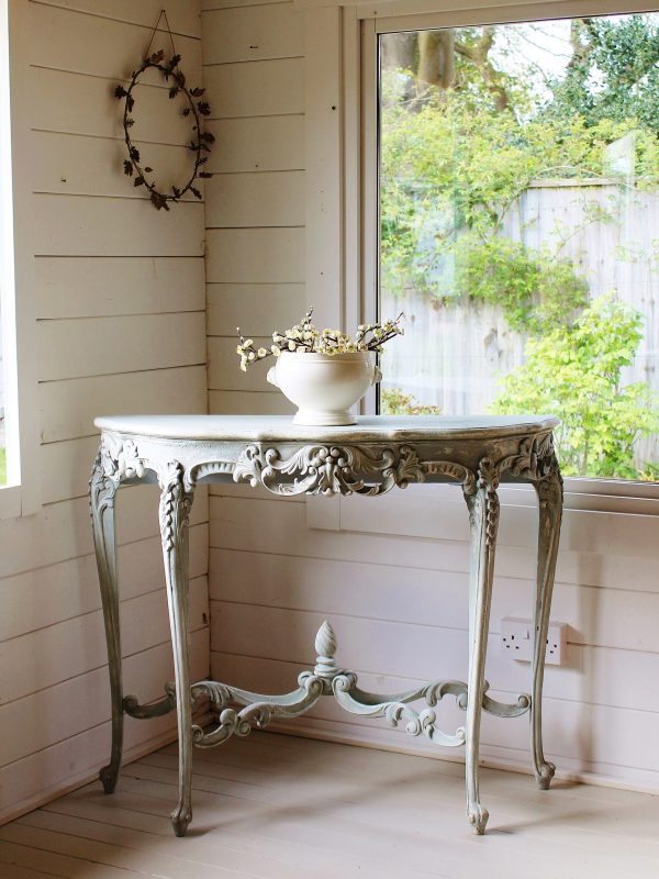 Exquisitely Carved Antique French Style Hand Painted & Aged Narrow Console Table