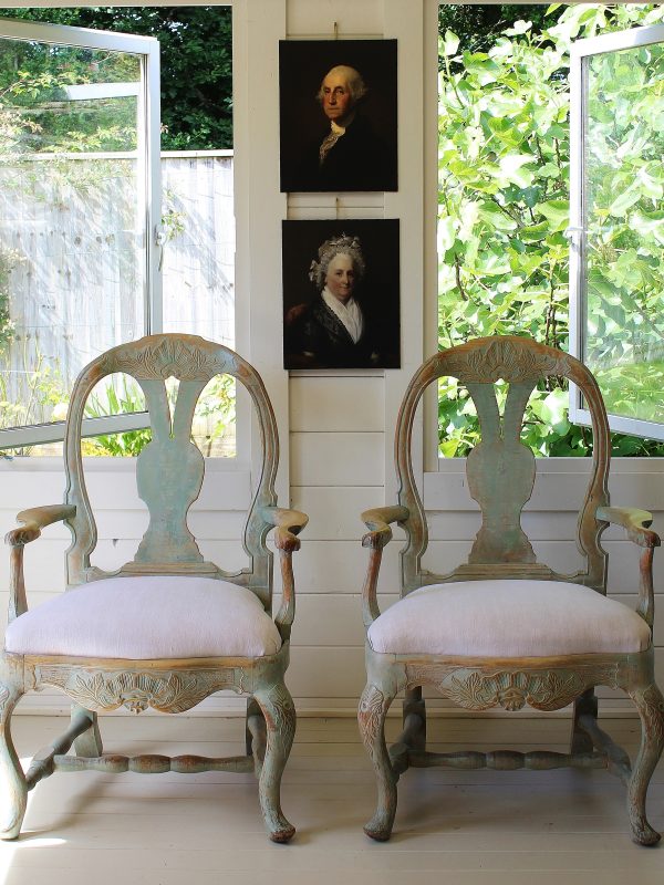 Pair of Pine 18th C Swedish Rococo Armchairs/Original Paint/Upholstered Seats
