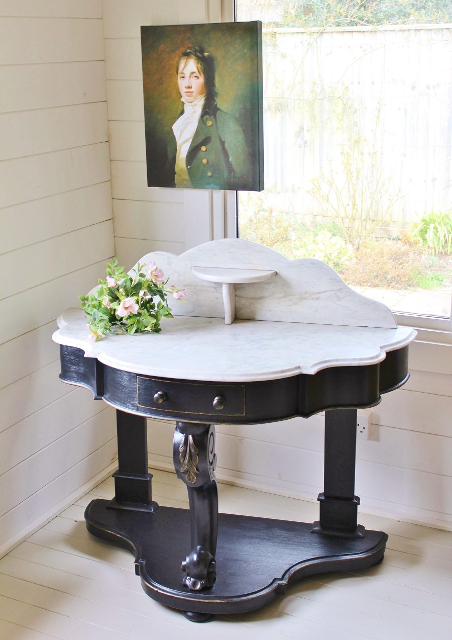 Painted Black Antique Duchess Washstand/Console/Basin Base & Marble Shelf Back - Image 2