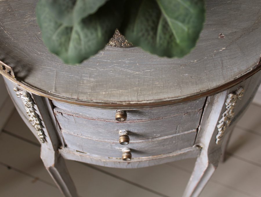 Tray Top Antique Demi Lune Grey French Painted Commode With 3 Drawers and Ormolu Moldings - Image 10