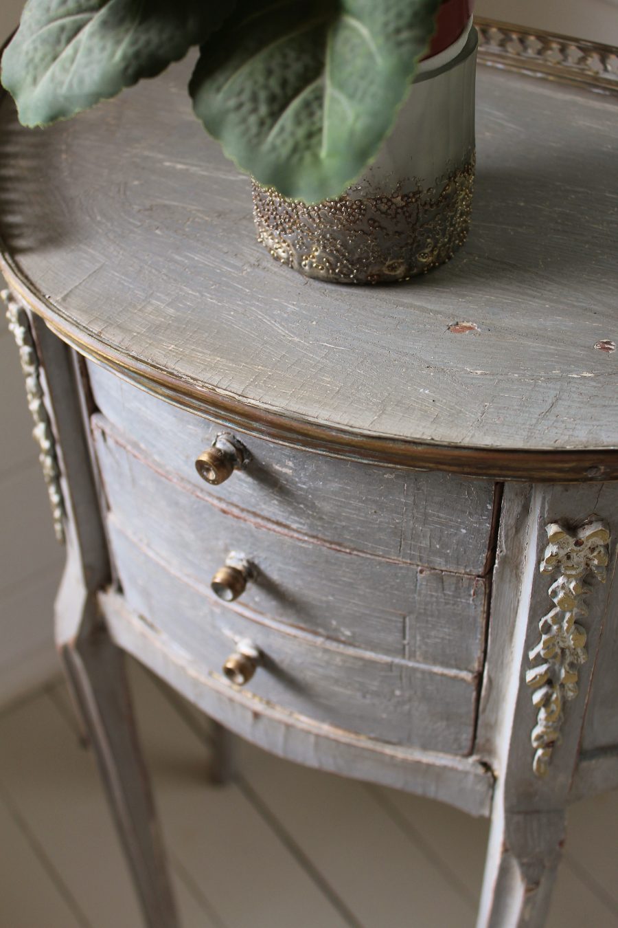 Tray Top Antique Demi Lune Grey French Painted Commode With 3 Drawers and Ormolu Moldings - Image 11