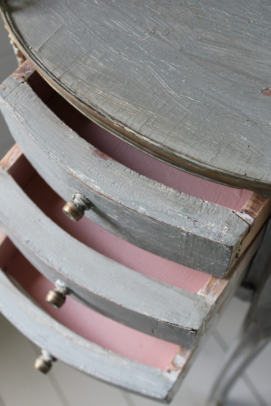 Tray Top Antique Demi Lune Grey French Painted Commode With 3 Drawers and Ormolu Moldings - Image 13
