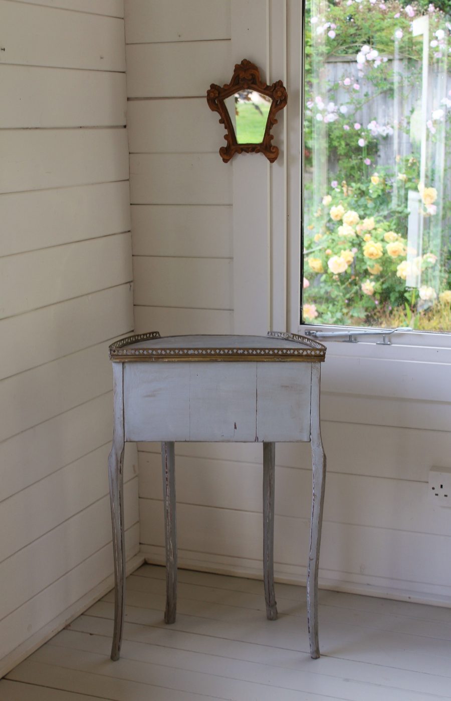 Tray Top Antique Demi Lune Grey French Painted Commode With 3 Drawers and Ormolu Moldings - Image 15