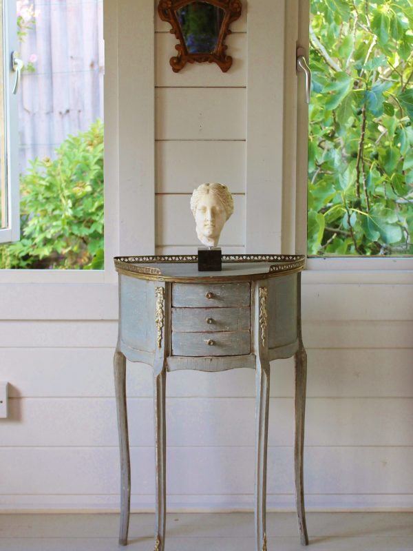 Tray Top Antique Demi Lune Grey French Painted Commode With 3 Drawers and Ormolu Moldings