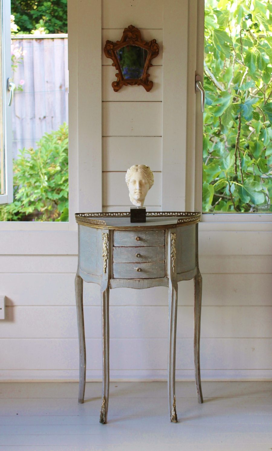 Tray Top Antique Demi Lune Grey French Painted Commode With 3 Drawers and Ormolu Moldings