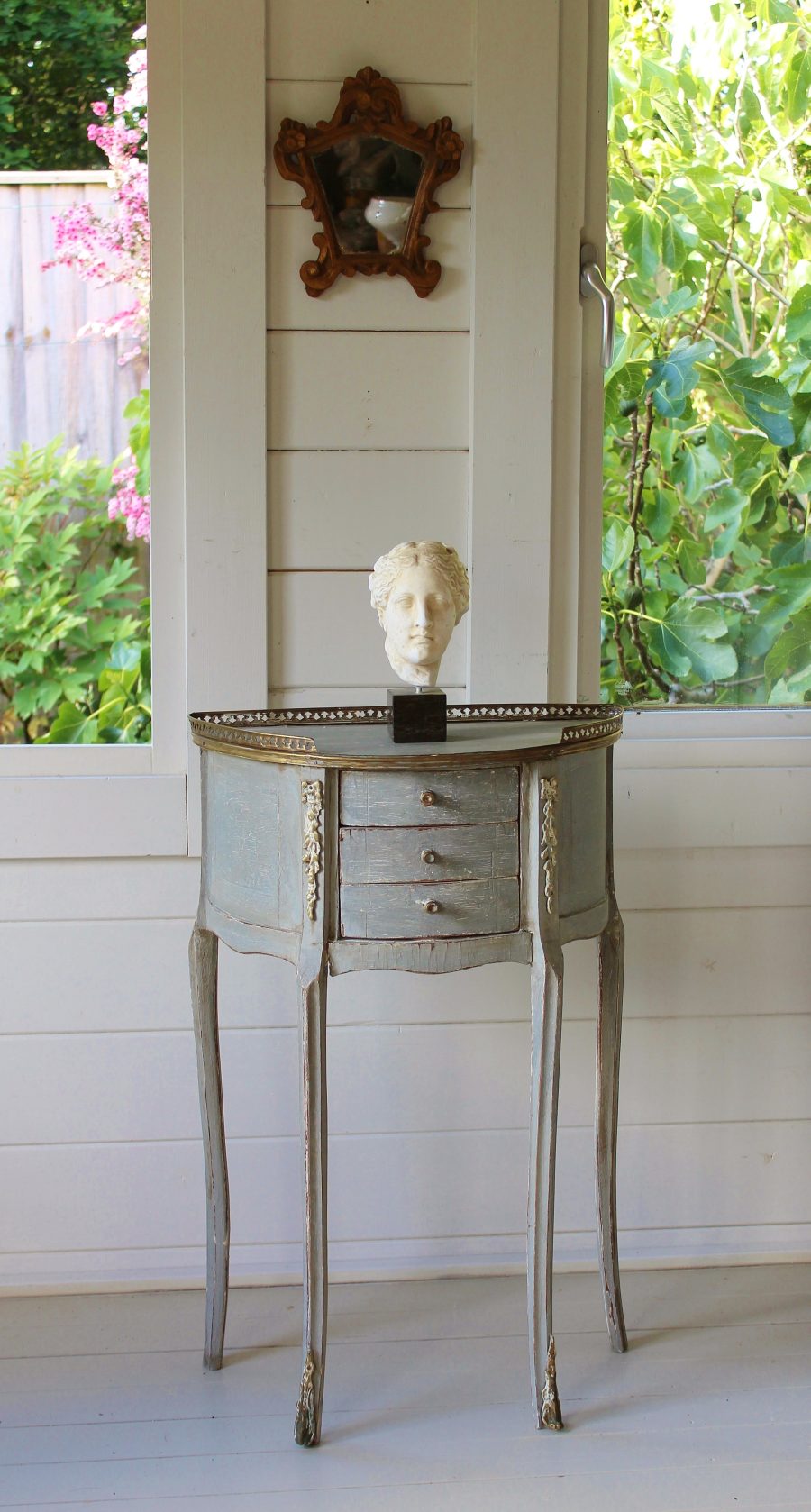 Tray Top Antique Demi Lune Grey French Painted Commode With 3 Drawers and Ormolu Moldings - Image 2