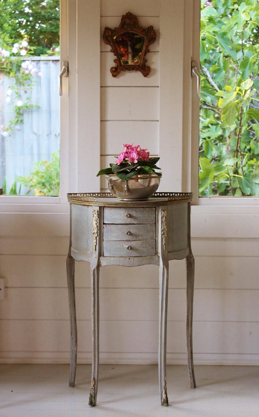 Tray Top Antique Demi Lune Grey French Painted Commode With 3 Drawers and Ormolu Moldings - Image 3