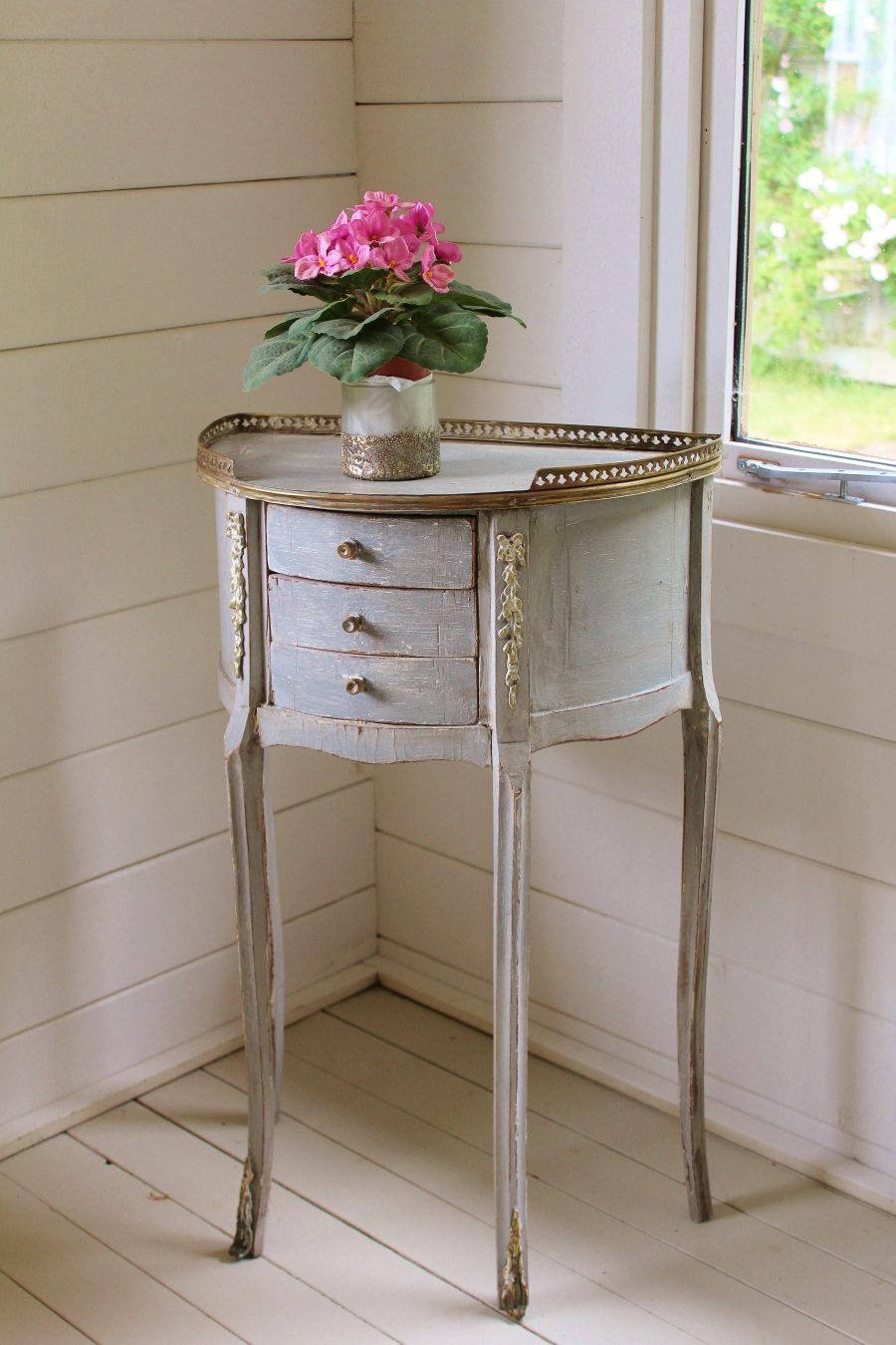 Tray Top Antique Demi Lune Grey French Painted Commode With 3 Drawers and Ormolu Moldings - Image 4