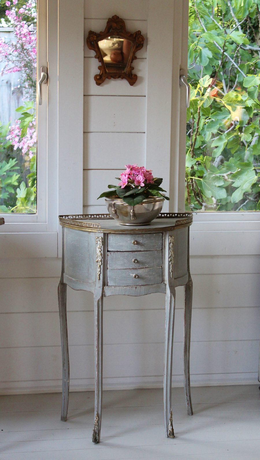 Tray Top Antique Demi Lune Grey French Painted Commode With 3 Drawers and Ormolu Moldings - Image 5