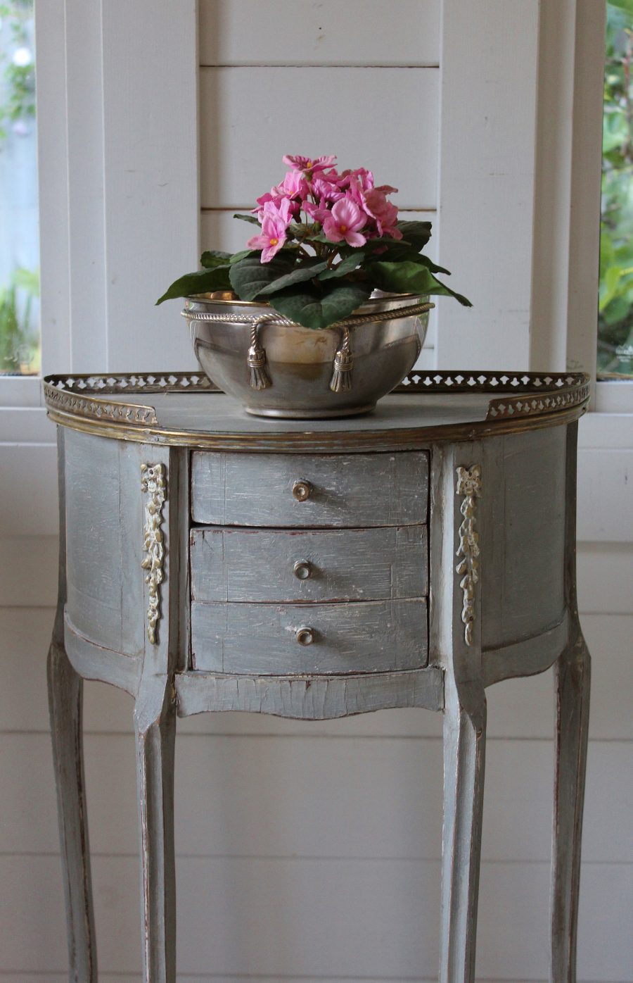 Tray Top Antique Demi Lune Grey French Painted Commode With 3 Drawers and Ormolu Moldings - Image 6