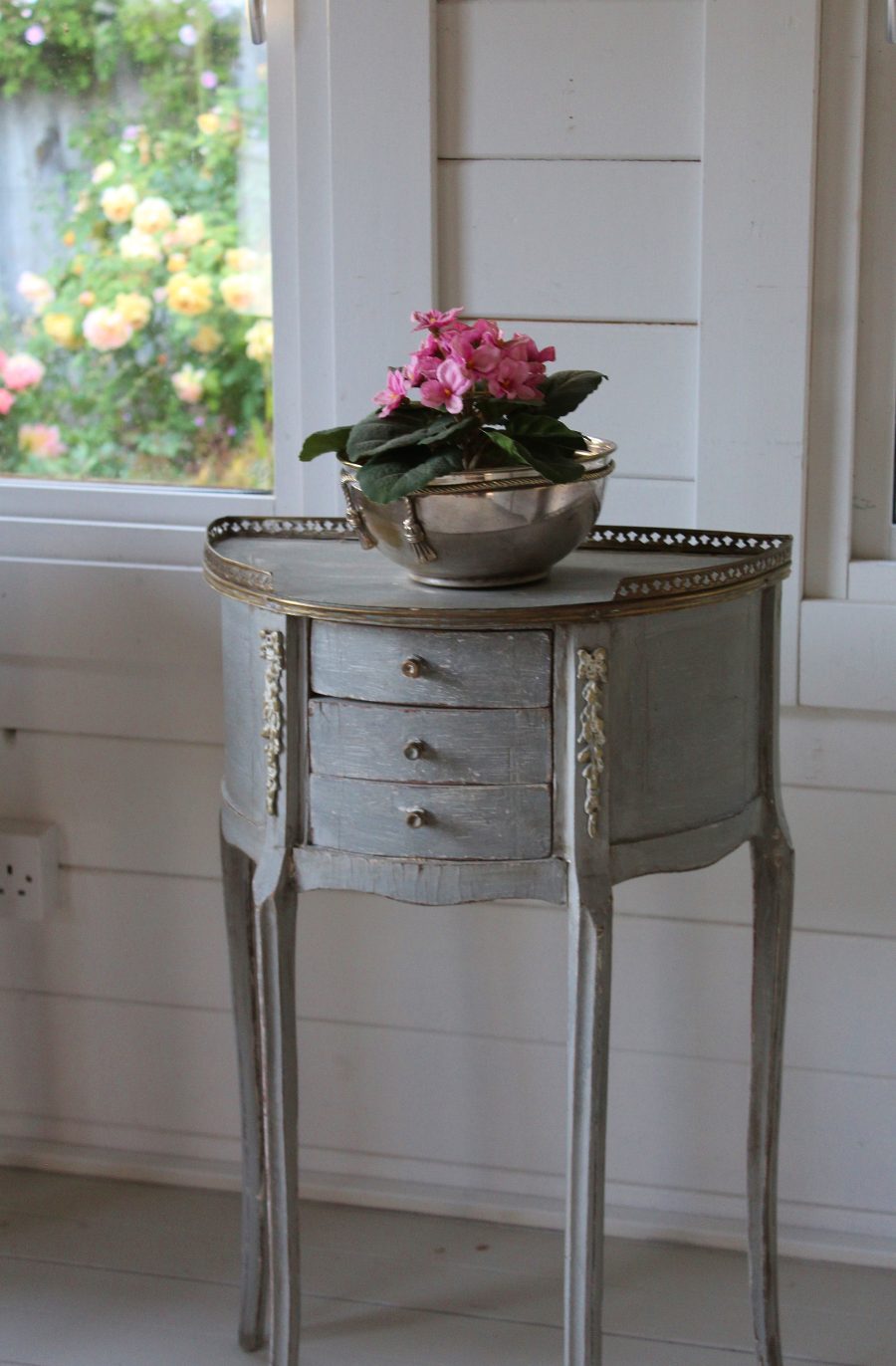 Tray Top Antique Demi Lune Grey French Painted Commode With 3 Drawers and Ormolu Moldings - Image 7