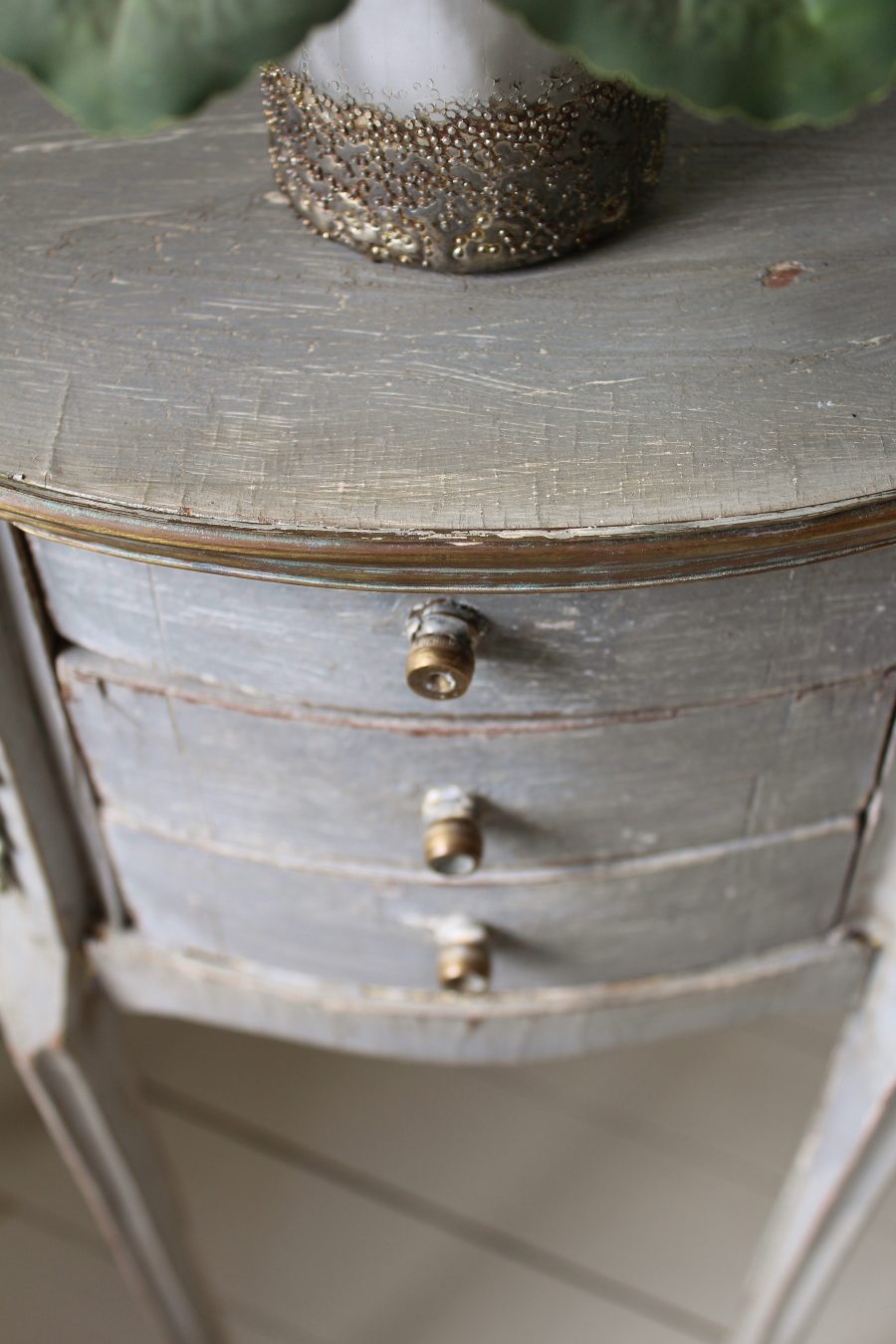 Tray Top Antique Demi Lune Grey French Painted Commode With 3 Drawers and Ormolu Moldings - Image 9