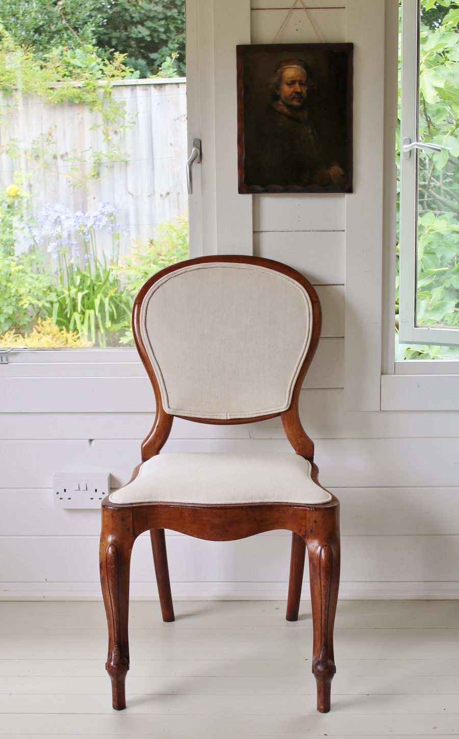 18th Century English Walnut Antique French Linen Upholstered Chair