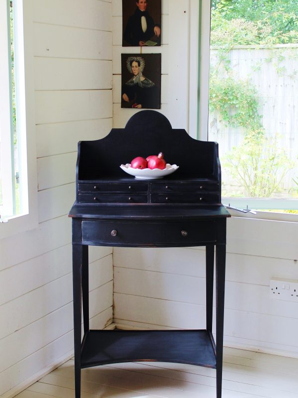 Small Painted "Weathered Black" Antique Gustavian Style Bow Front Writing Desk