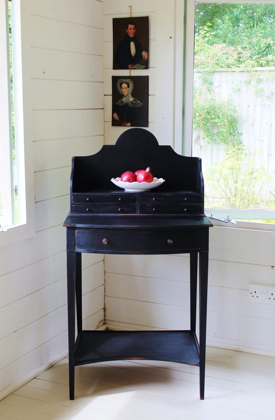 Small Painted "Weathered Black" Antique Gustavian Style Bow Front Writing Desk