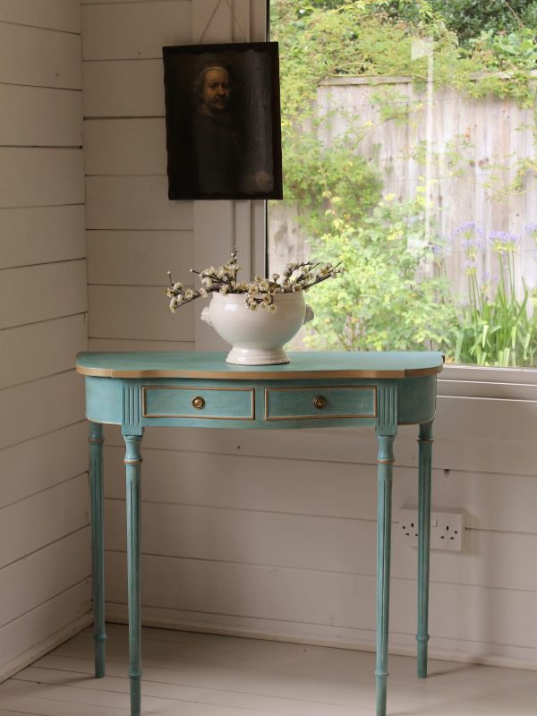 Artisan Hand Painted Serpentine Blue and Worn Gold Console Table