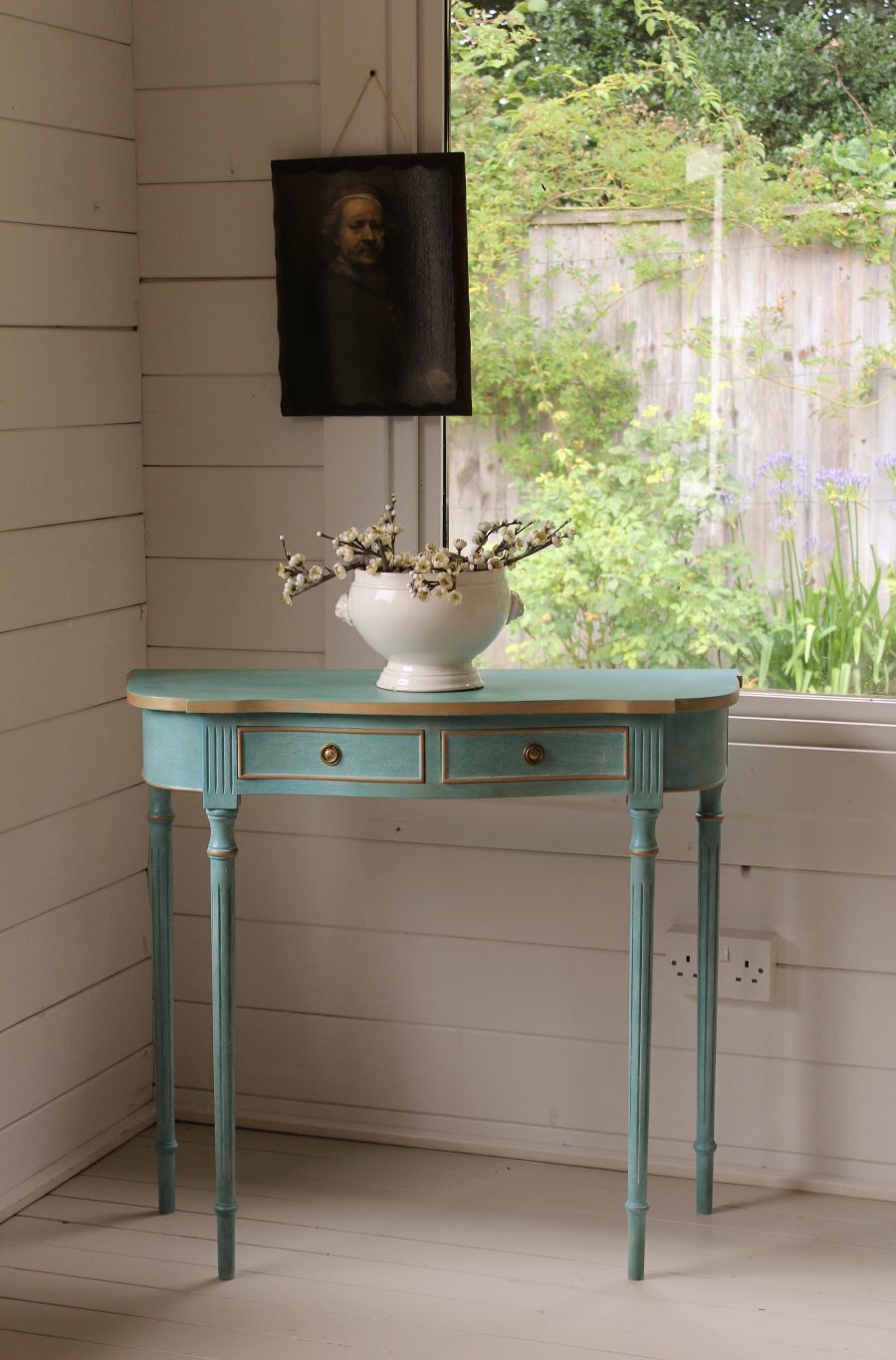 Artisan Hand Painted Serpentine Blue and Worn Gold Console Table
