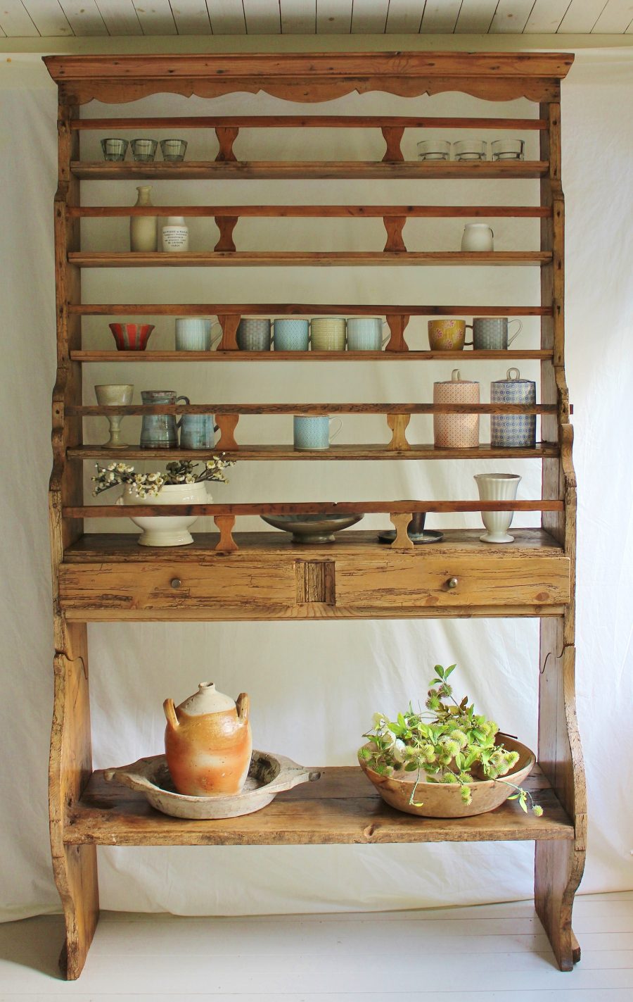 Simple 7ft Antique French 18th Century Pine Open Dresser/Shelves/Display/Storage
