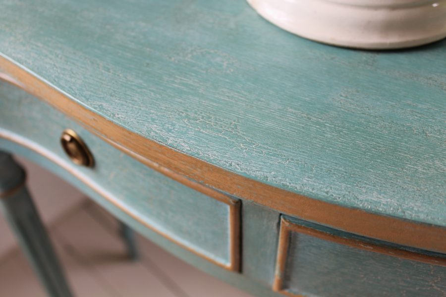 Artisan Hand Painted Serpentine Blue and Worn Gold Console Table - Image 10