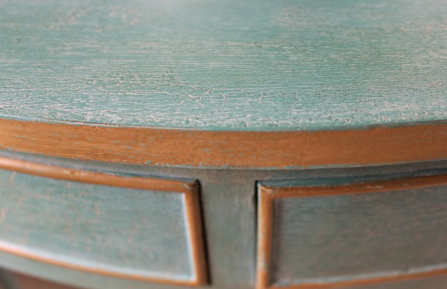 Artisan Hand Painted Serpentine Blue and Worn Gold Console Table - Image 11