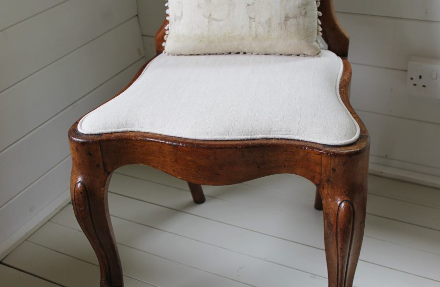 18th Century English Walnut Antique French Linen Upholstered Chair - Image 7