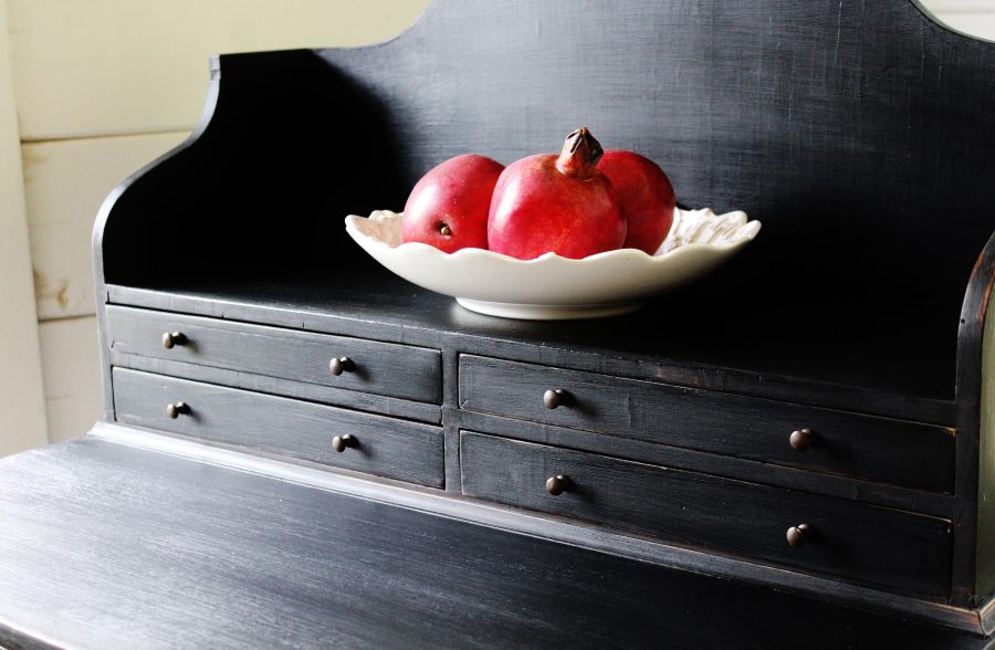 Small Painted "Weathered Black" Antique Gustavian Style Bow Front Writing Desk - Image 9