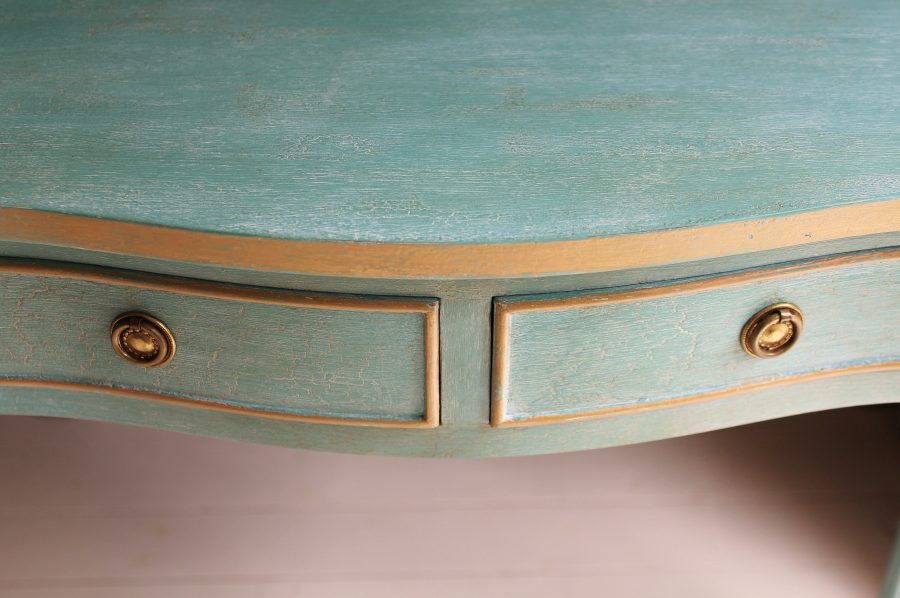 Artisan Hand Painted Serpentine Blue and Worn Gold Console Table - Image 13