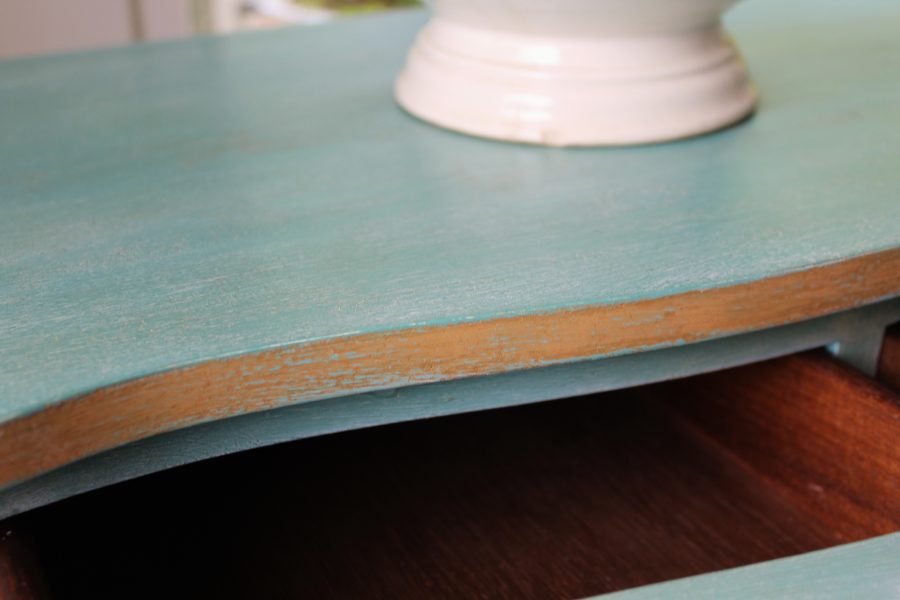 Artisan Hand Painted Serpentine Blue and Worn Gold Console Table - Image 18