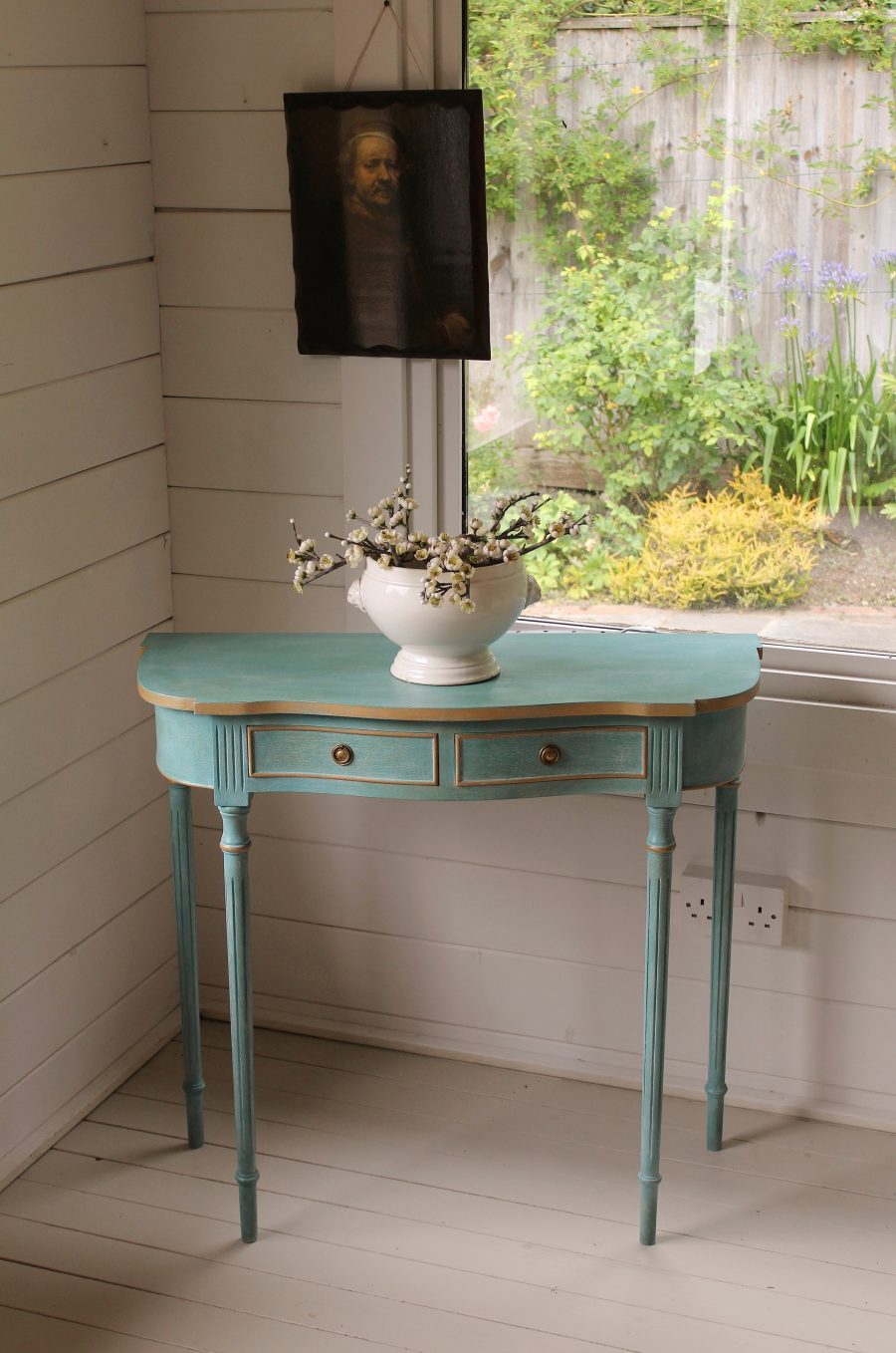 Artisan Hand Painted Serpentine Blue and Worn Gold Console Table - Image 2