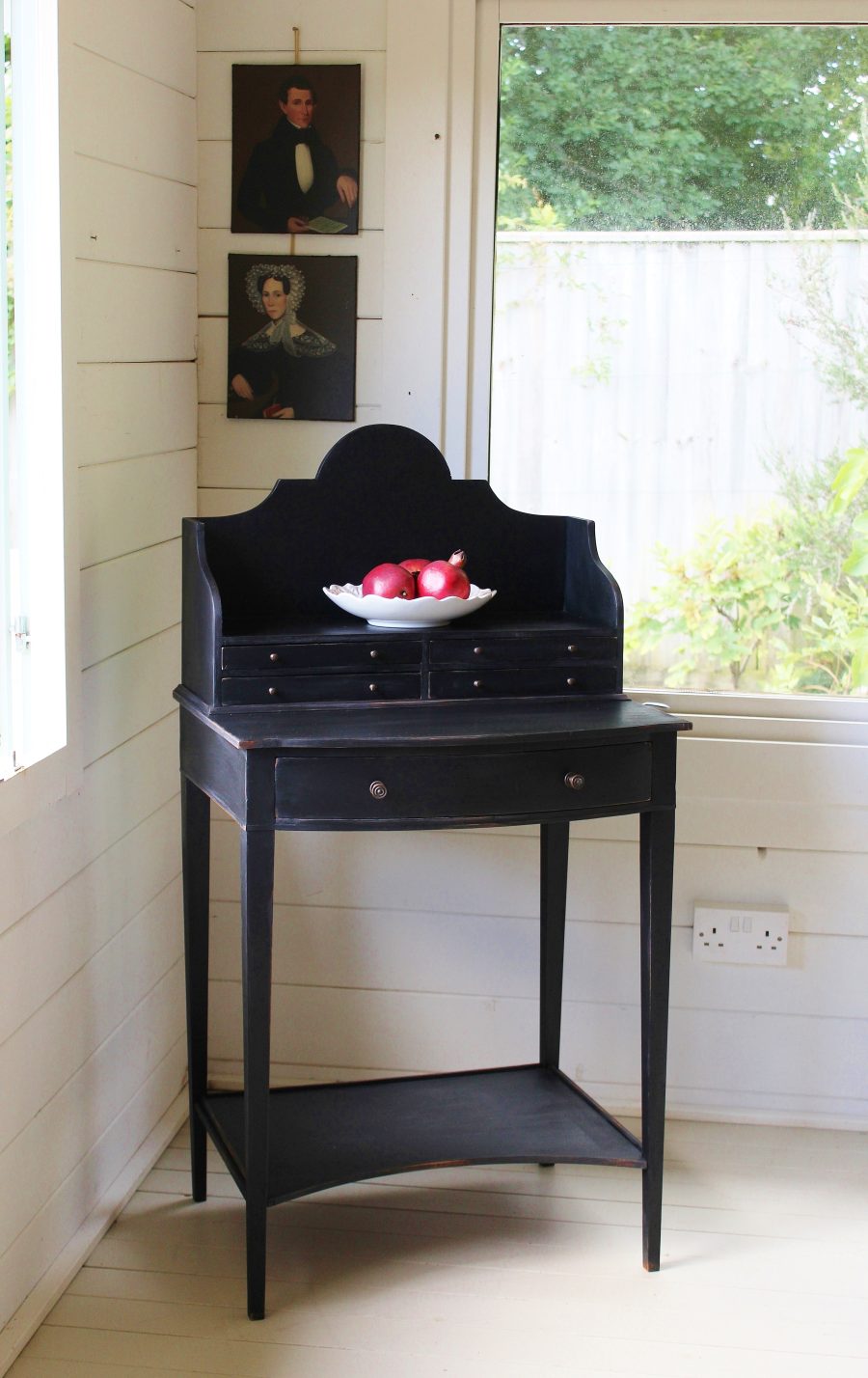 Small Painted "Weathered Black" Antique Gustavian Style Bow Front Writing Desk - Image 2