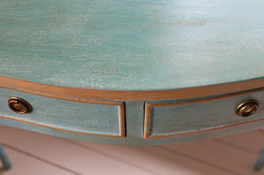 Artisan Hand Painted Serpentine Blue and Worn Gold Console Table - Image 3