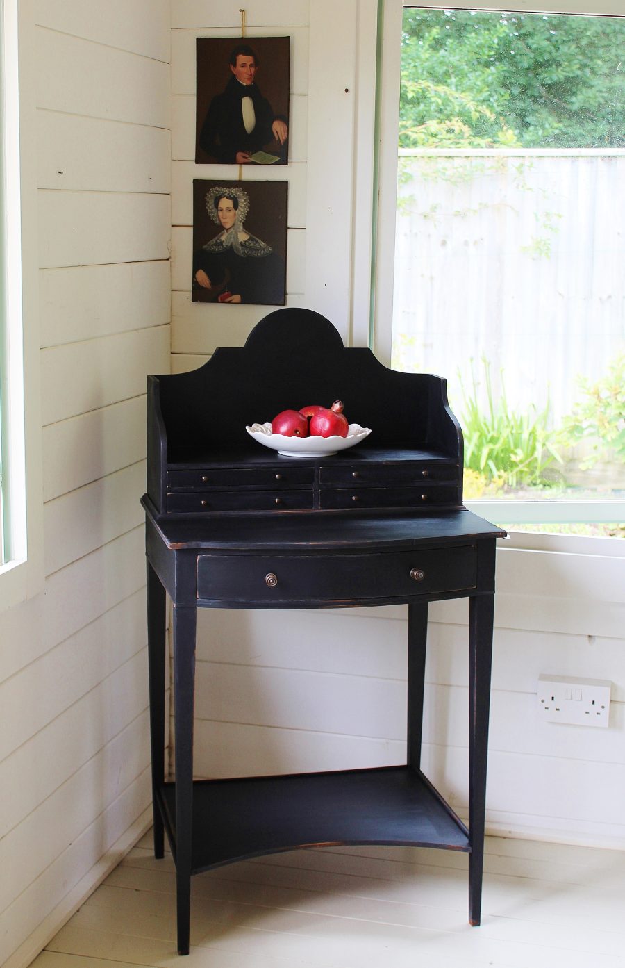 Small Painted "Weathered Black" Antique Gustavian Style Bow Front Writing Desk - Image 3