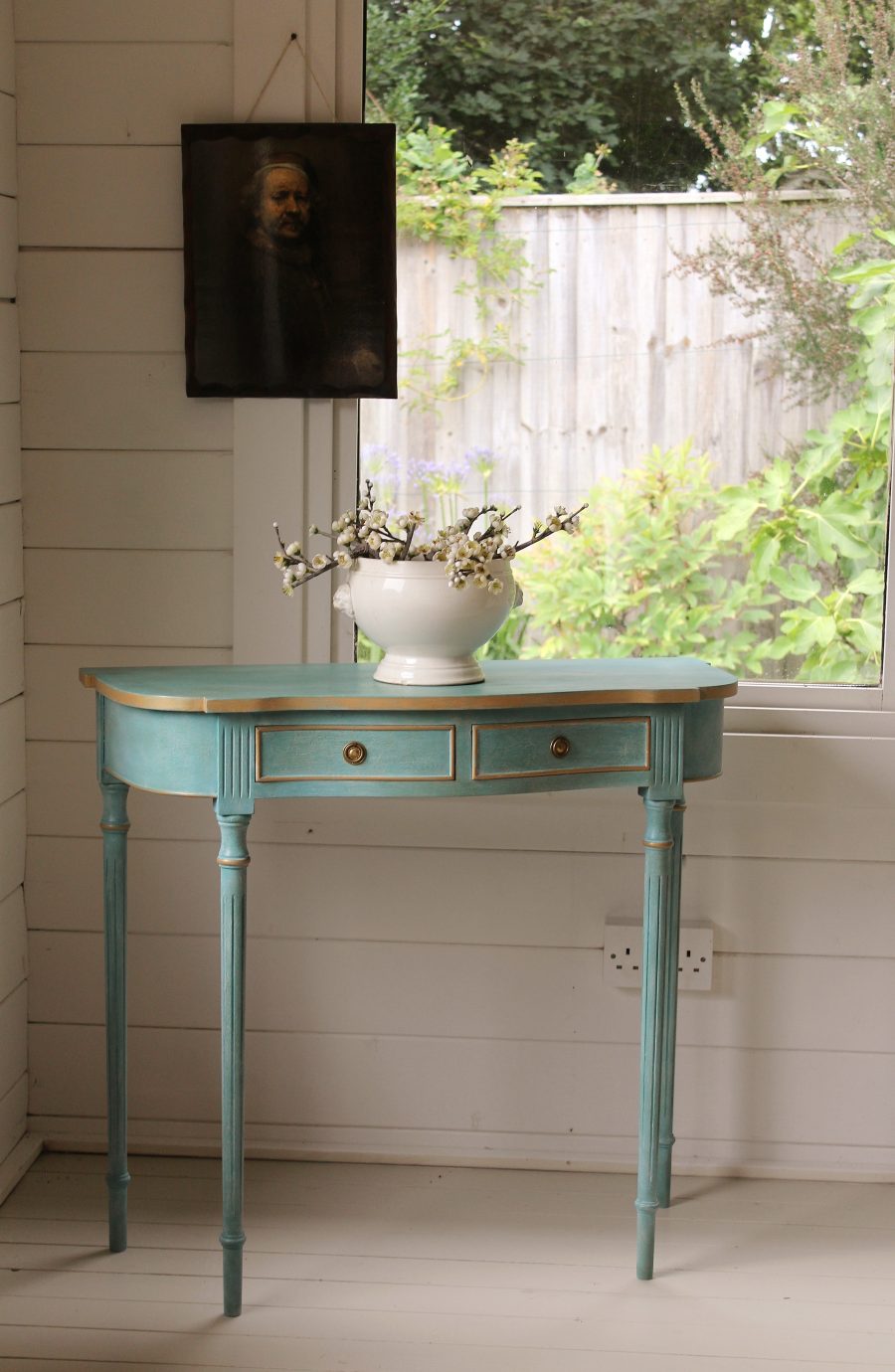 Artisan Hand Painted Serpentine Blue and Worn Gold Console Table - Image 4