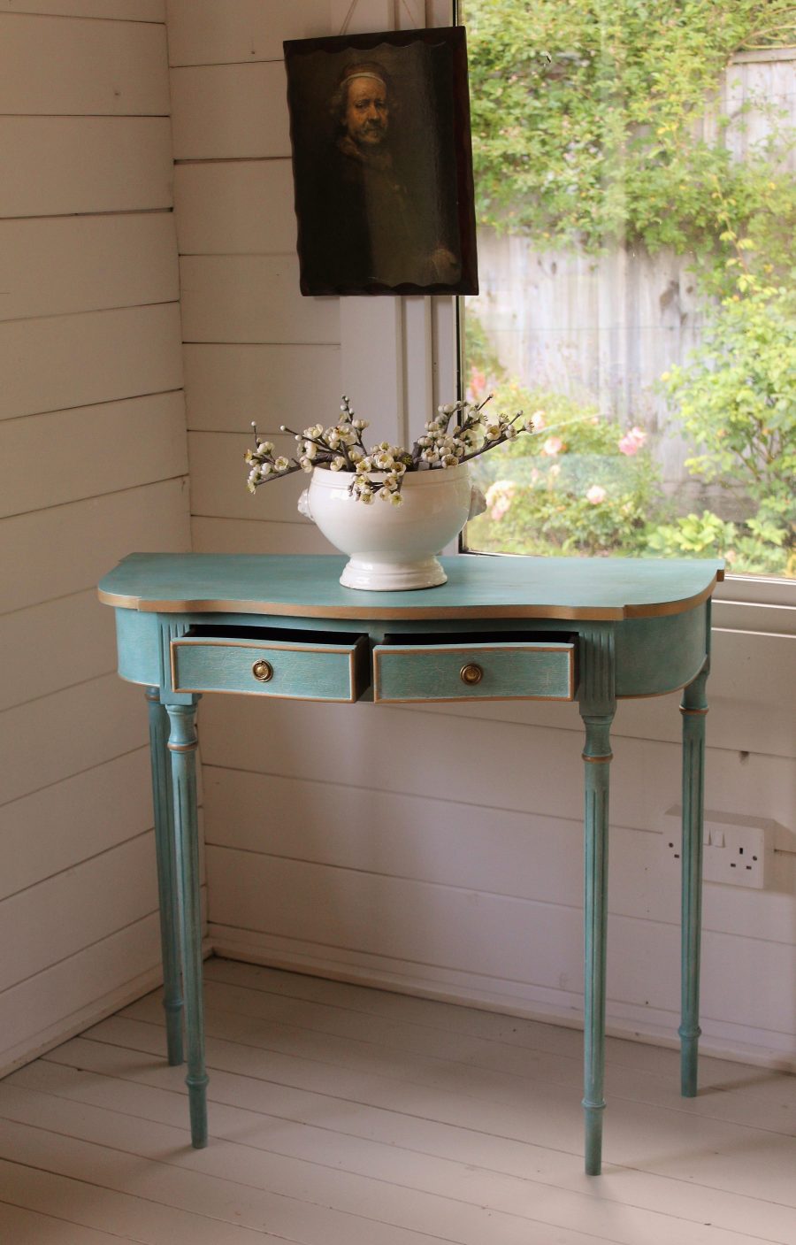Artisan Hand Painted Serpentine Blue and Worn Gold Console Table - Image 5