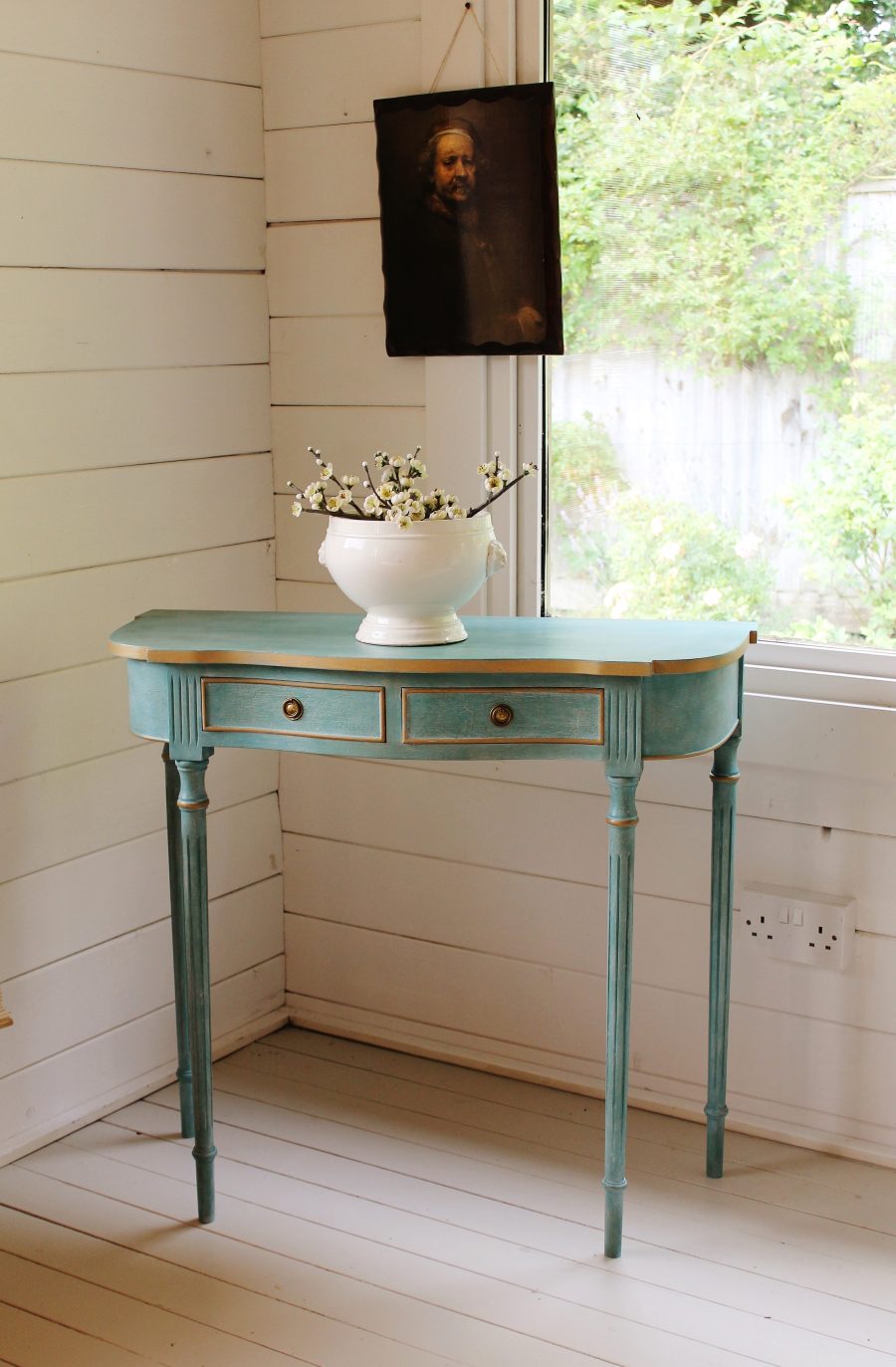 Artisan Hand Painted Serpentine Blue and Worn Gold Console Table - Image 6
