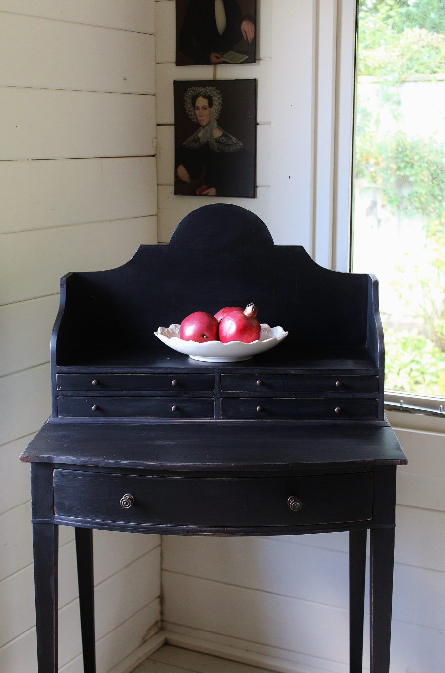 Small Painted "Weathered Black" Antique Gustavian Style Bow Front Writing Desk - Image 4