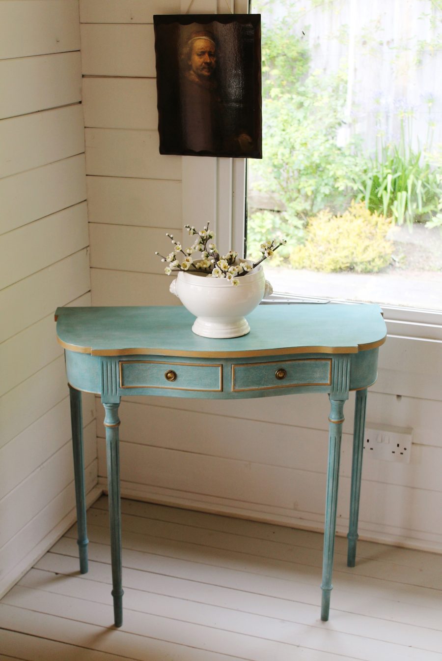 Artisan Hand Painted Serpentine Blue and Worn Gold Console Table - Image 7