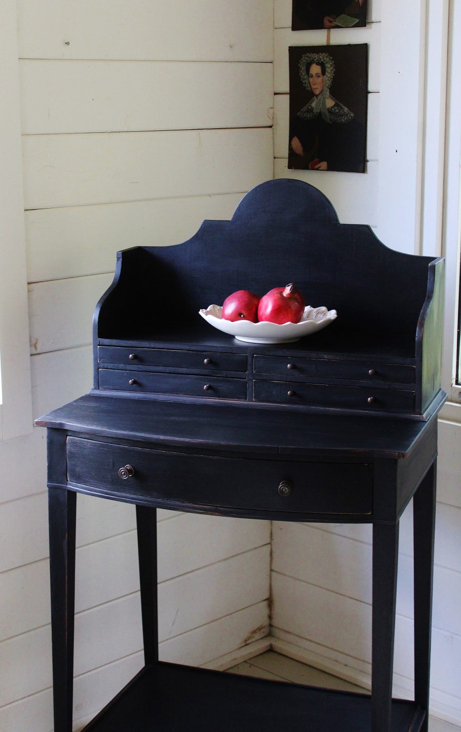 Small Painted "Weathered Black" Antique Gustavian Style Bow Front Writing Desk - Image 5