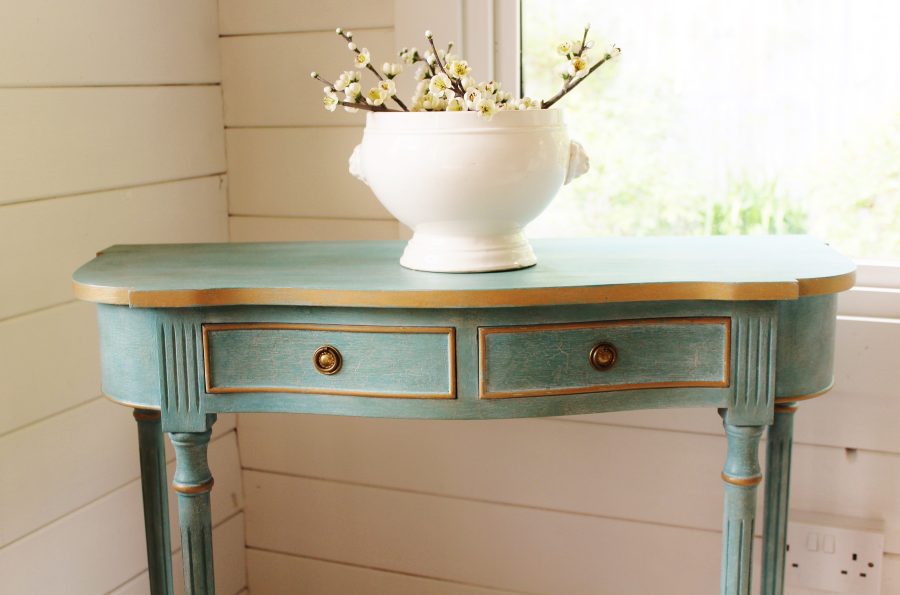 Artisan Hand Painted Serpentine Blue and Worn Gold Console Table - Image 8