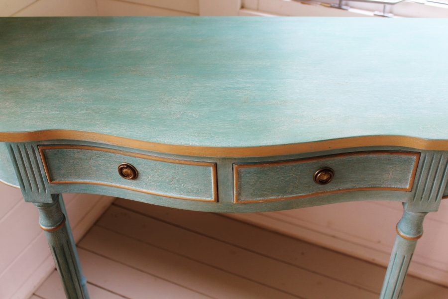 Artisan Hand Painted Serpentine Blue and Worn Gold Console Table - Image 9
