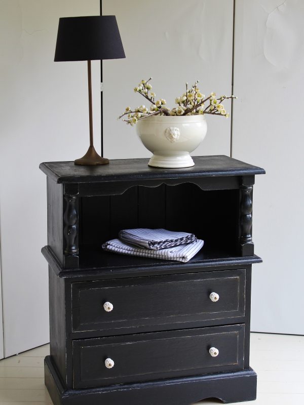 Rustic Hand Painted Rich Black & Porcelain Handled Nightstand/Bedside Chest