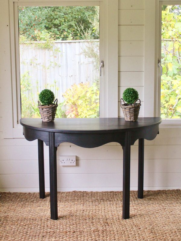 Charming Black "Gustavian Painted" 19th Century English Mahogany Demi-Lune Console Table