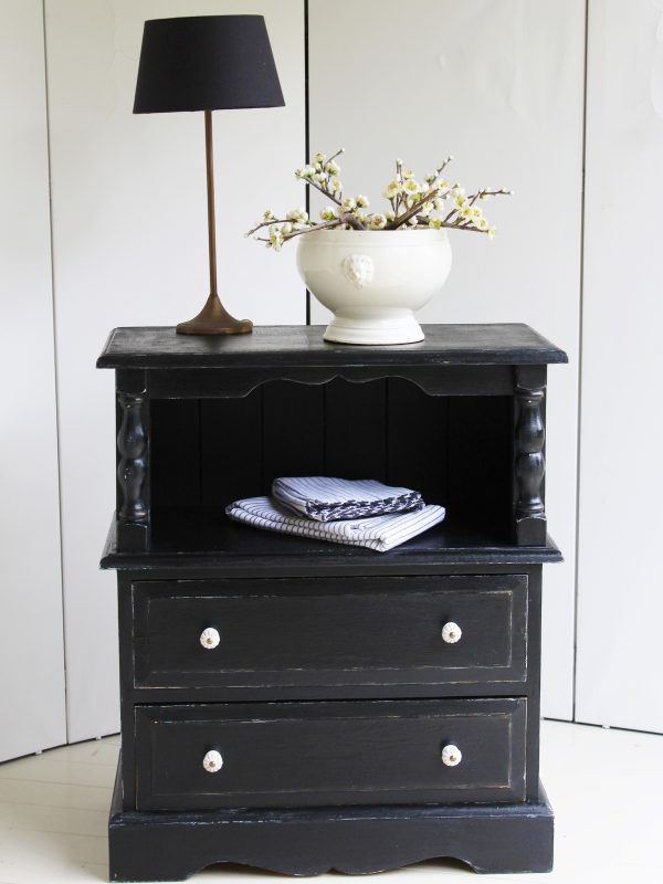 Alternative view of Rustic Hand Painted Rich Black & Porcelain Handled Nightstand/Bedside Chest